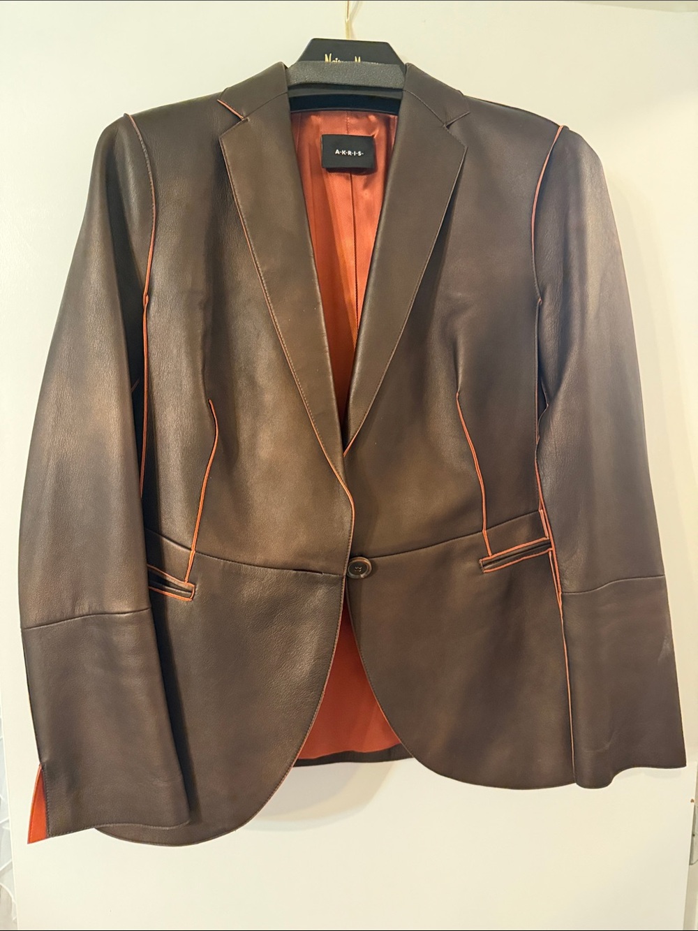 Akris Brown Leather Blazer with Orange Trim